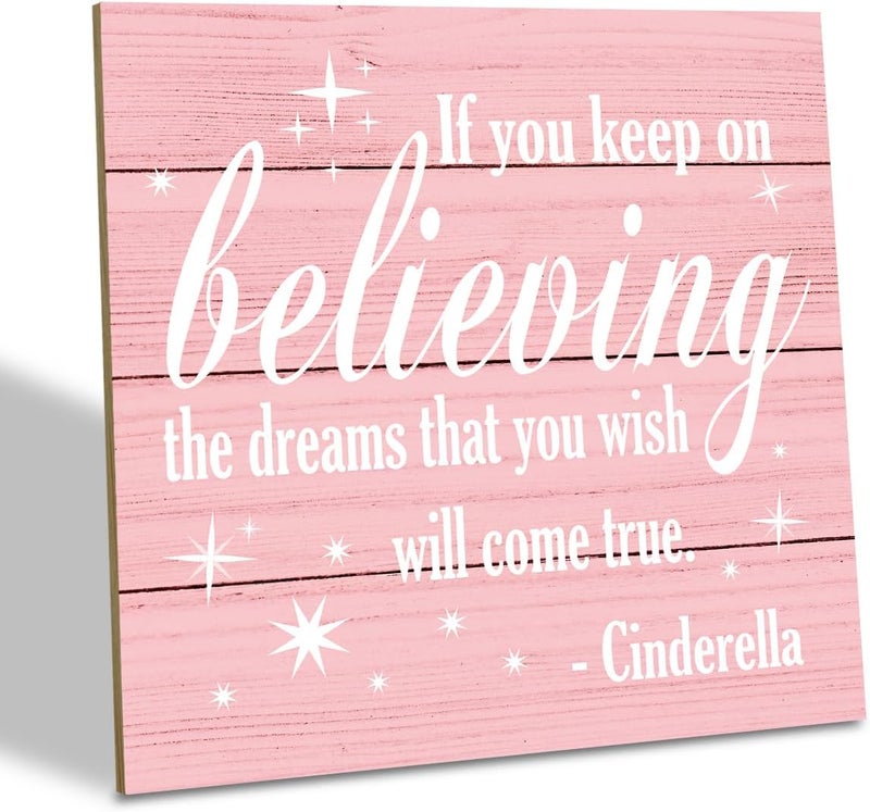 SUSZDOU Nursery Decor, Inspirational Sign, Wood Plaque Table Art Sign 6.2*6.2inch, Princess Shelf Decor, Bedroom Decorate for Baby Girl, Cute Decorate, If You Keep On Believing The Dreams You Wish Will Come True A - Image 1
